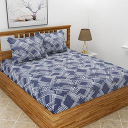 MORADO Blue & White Geometric 210 TC Fitted Queen Bedsheet with 2 Pillow Covers-image-102