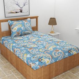 MORADO Blue & White Printed 210 TC Single Bedsheet with 1 Pillow Covers-image-37