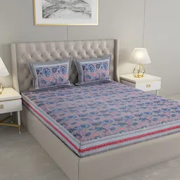 PATRICKO Blue & Pink Floral Cotton 330 TC King Bedsheet With 2 Pillow Covers-image-31
