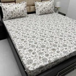 Pure Decor White & Grey Floral 380 TC King Bedsheet with 2 Pillow Covers-picture-24