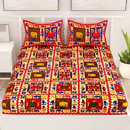 Aura Red & White Ethnic Motifs Cotton 120 TC Queen Bedsheet with 2 Pillow Covers-image-11