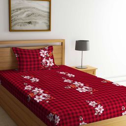 Arrabi Red & White Floral 300 TC Single Bedsheet with 1 Pillow Covers-image-80