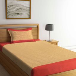Arrabi Mustard & Red Geometric 300 TC Single Bedsheet with 1 Pillow Covers-image-11
