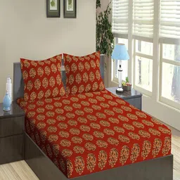Trance Home Linen Damask Clay Red 200 TC Queen Flat Bedsheet with 2 Pillow Covers-image-85