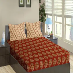 Trance Home Linen Damask & Dori Clay Red 200 TC Queen Flat Bedsheet with 2 Pillow Covers-image-94