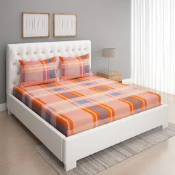 ROMEE Peach-Coloured & Grey Geometric 186 TC Microfiber Queen Bedsheet with 2 Pillow Covers-13