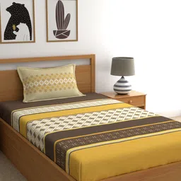 Home Ecstasy Mustard & White Geometric 140 TC Single Bedsheet with 1 Pillow Covers-picture-3