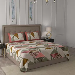 JAIPUR FABRIC Beige & Green 240 TC Geometric Cotton King Bedsheet With 2 Pillow Covers-image-19