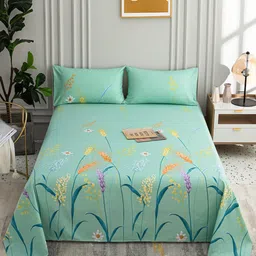 JC HOME Green & Orange Floral 200 TC Pure Cotton King Bedsheet with 2 Pillow Covers-image-82