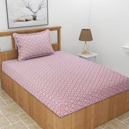 MORADO Pink & Grey Geometric 210 TC Single Bedsheet with 1 Pillow Cover-image-92