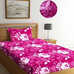 Arrabi Pink Floral Printed 300 TC Single Fitted Bedsheet with 1 Pillow Cover-image-82
