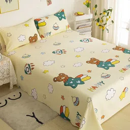 JC HOME Cream-Coloured & Green Cartoon Characters 200 TC King Bedsheet with 2 Pillow Covers-image-43