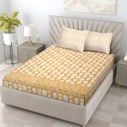 TARAN LIVING Yellow & White Floral 120 TC Cotton King Bedsheet With 2 Pillow Covers-17