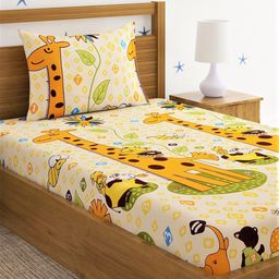 Home Sizzler Yellow & Orange Cartoon Characters 210 TC Single Bedsheet with 1 Pillow Covers-image-19