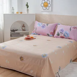 JC HOME Peach-Coloured  Red Floral Cotton 200 TC King Bedsheet with 2 Pillow Covers-picture-6