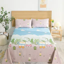 JC HOME Multicoloured 144 TC Queen Cartoon Cotton Bedsheet with 2 Pillow Covers-2