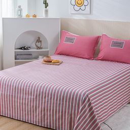 JC HOME Pink & White Striped 200 TC Queen Bedsheet with 2 Pillow Covers-picture-1