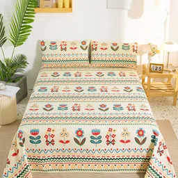 JC HOME Multicoloured 144 TC King Floral Cotton Bedsheet with 2 Pillow Covers-4