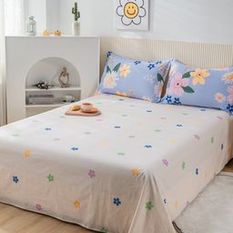 JC HOME White & Blue Floral 200 TC Single Bedsheet With 1 Pillow Covers-image-67
