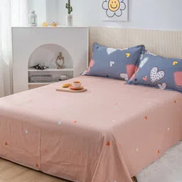 JC HOME Peach-Coloured & Grey Conversational 200 TC Single Bedsheet with 1 Pillow Covers-image-19