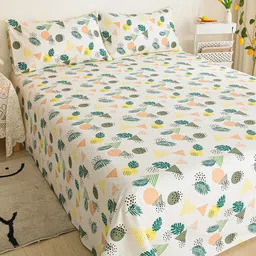 JC HOME Off White & Green Conversational Printed 200 TC King Size Bedsheet with 2 Pillow Covers-picture-38