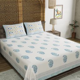 BLOCKS OF INDIA Blue & White Ethnic Motifs 210 TC King Bedsheet with 2 Pillow Covers-picture-26