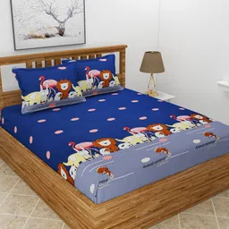 MORADO Blue & Beige Cartoon Characters 180 TC Queen Bedsheet with 2 Pillow Covers-image-65