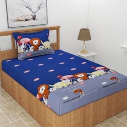 MORADO Blue & White Cartoon Characters 180 TC Single Bedsheet with 1 Pillow Cover-picture-0