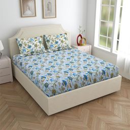 Salona Bichona Blue & Brown Printed 144 TC Pure Cotton King Bedsheet with 2 Pillow Covers-image-68