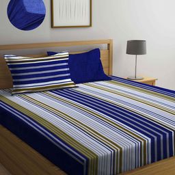 Arrabi Blue & White Striped 300 TC King Bedsheet with 2 Pillow Covers-image-12