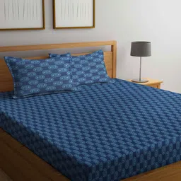 Arrabi Blue Geometric 300 TC King Bedsheet with 2 Pillow Covers-image-73
