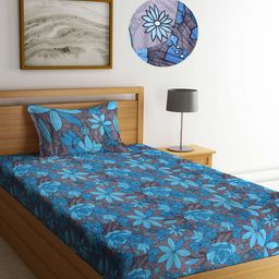 Arrabi Blue Floral 300 TC Cotton Blend Single Size Fitted Bedsheet with 1 Pillow Cover-image-80