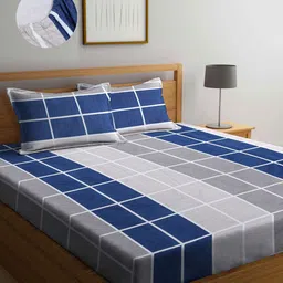 Arrabi Blue & Grey Geometric 300 TC King Bedsheet with 2 Pillow Covers-image-72