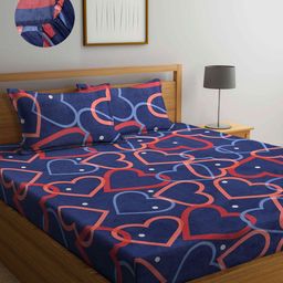 Arrabi Blue & Peach-Coloured Geometric 300 TC King Bedsheet with 2 Pillow Covers-43