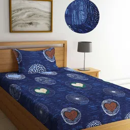 Arrabi Blue Graphic 300 TC Cotton Blend Single Size Fitted Bedsheet with 1 Pillow Cover-image-28