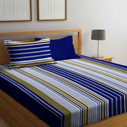 Arrabi Blue & Green Striped 300 TC Super King Bedsheet with 2 Pillow Covers-image-97