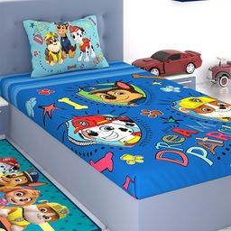 PAW PATROL Blue & Yellow Cartoon Characters 180 TC Single Bedsheet with 1 Pillow Covers-image-48