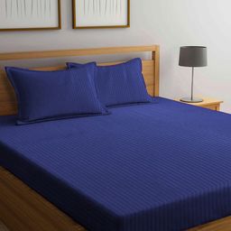 AEROHAVEN Navy Blue Striped 300 TC Cotton King Bedsheet with 2 Pillow Covers-image-50