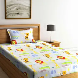 Home Sizzler Orange & Off White Cartoon Characters 210 TC Single Bedsheet with 1 Pillow Covers-image-75