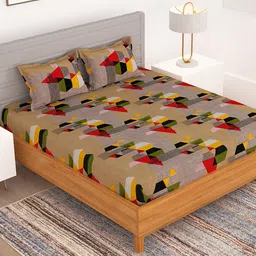 Bedspun Coffee Brown & Black Geometric 150 TC Queen Bedsheet with 2 Pillow Covers-image-101
