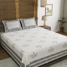 BLOCKS OF INDIA Grey & White Ethnic Motifs 210 TC King Bedsheet with 2 Pillow Covers-image-67
