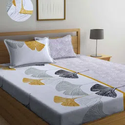 Arrabi Grey & Yellow Floral 300 TC King Bedsheet with 2 Pillow Covers-25
