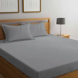 Arrabi Grey Striped 300 TC King Bedsheet with 2 Pillow Covers-image-4
