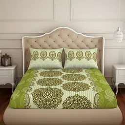 SPACES Green Ethnic Motifs Cotton 144 TC Queen Bedsheet with 2 Pillow Covers-image-16