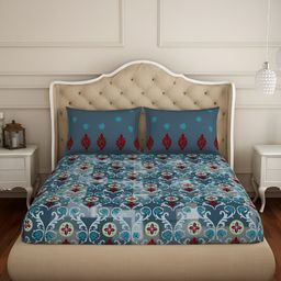 SPACES Blue & Red Ethnic Motifs Cotton 144 TC Queen Bedsheet with 2 Pillow Covers-25