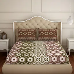 SPACES Brown & White Geometric Cotton 144 TC Queen Bedsheet with 2 Pillow Covers-image-69