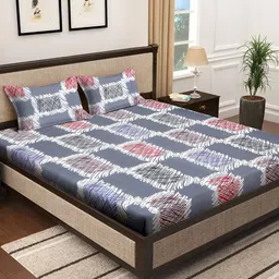 KLOTTHE Grey & White Geometric Printed 300TC King Bedsheet With 2 Pillow Cover-image-39