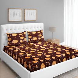 Aura Brown & Yellow Floral Microfiber 144 TC Queen Bedsheet with 2 Pillow Covers-image-10