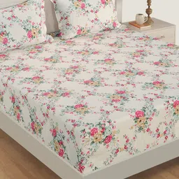 SWAYAM Off-White & Pink Floral Fitted 250 TC Cotton 1 Queen Bedsheet with 2 Pillow Covers-image-6