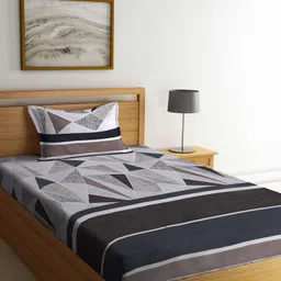 KLOTTHE Brown & Grey Geometric Printed 300TC Single Bedsheet With 1 Pillow Cover-picture-2